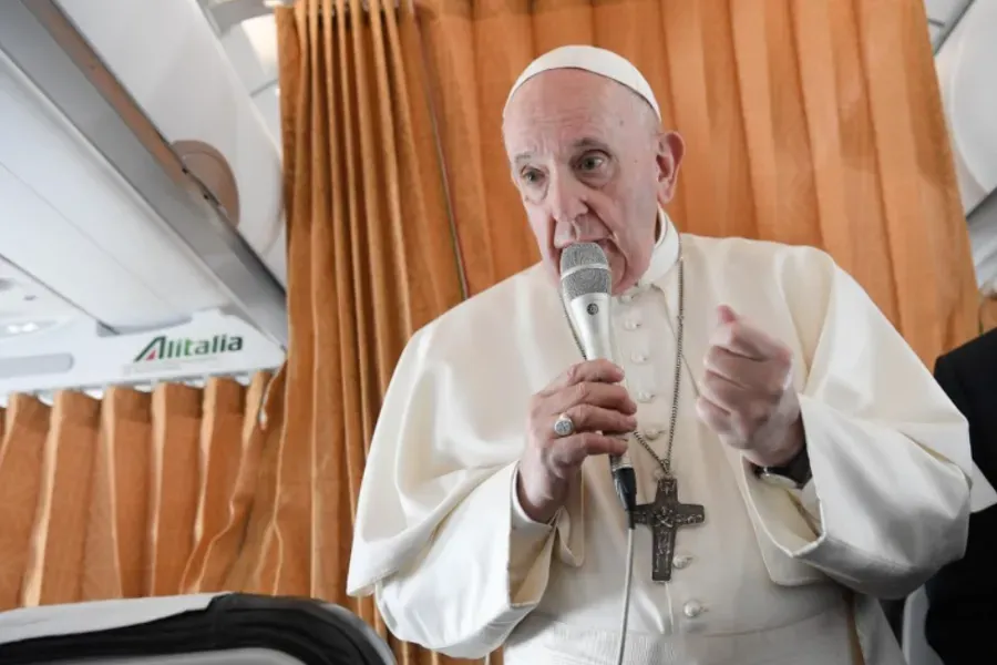 Pope Francis speaks during an in-flight press conference from Slovakia, Sept. 15, 2021. Vatican Media.
